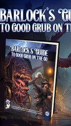 A whimsical and slightly eerie scene features a large, monstrous cart with a gaping mouth filled with sharp teeth, and tentacles extending from its sides. In the foreground, a jovial wizard, dressed in a dark robe and a pointed hat, holds a tankard and appears to be enthusiastically gesturing towards the cart. The background is illuminated by flickering lanterns, with dark stormy skies and flashes of lightning adding to the dramatic atmosphere.