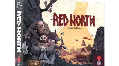 A game box for "Red North" features a stylized illustration of three warriors, including a large bearded figure and a smaller character, set against a backdrop of a Norse-inspired landscape with a tent and a large tree. The title "RED NORTH" is prominently displayed in bold red letters, with the designer's name, James Dickinson, below it. The box also includes the logos for Mighty Boards and La Mame Games.