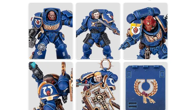 A collection of Ultramarine miniatures showcases various Space Marine figures in blue armor, each featuring distinct details and accessories. The top row includes a character with a prominent helmet and ornate chest emblem, alongside two other figures with different poses and weaponry. The bottom row features a close-up of a figure holding a weapon, another with a skull motif on the armor, and a character wielding a large, intricately designed shield. Additionally, a transfer sheet with various decals is visible, featuring Ultramarine symbols and decorative borders.