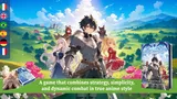 A group of five anime-style characters stands in a vibrant, lush landscape filled with rolling hills and colorful flowers. The central figure, a young man in shining armor, is flanked by a silver-haired woman in a blue dress, a red-haired girl in a hooded cloak, a small black cat-like creature, and a blonde girl in a red dress. In the corner, a box featuring the game "Gates of Krystalia" is displayed, with text highlighting the game's combination of strategy, simplicity, and dynamic combat.