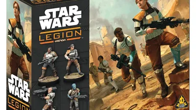 Boxed Star Wars: Legion set labeled "Guerrilla Troopers." Features seven miniatures: two standing female troopers in desert gear, one holding a rifle; five smaller figures in varied poses, some with weapons. Background shows rocky terrain with distant structures.