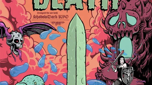 "Dungeon Death" title, sword, skull, bat, monster, shield, flames, and blue drops.