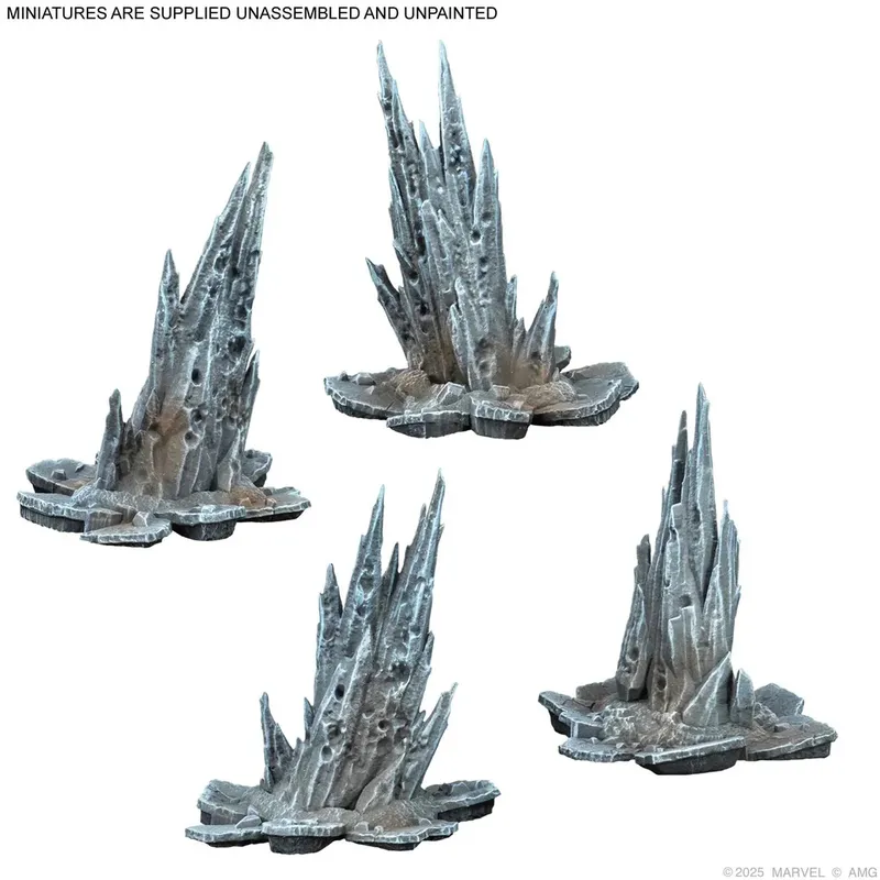 Four unpainted, unassembled gray plastic terrain miniatures resembling jagged rock formations with sharp, uneven spikes rising from flat, irregular bases. Text at the top reads: "MINIATURES ARE SUPPLIED UNASSEMBLED AND UNPAINTED". Text at the bottom right reads: "©2025 MARVEL © AMG".