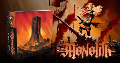 Armored figure on a skull, holding a flag with text "The Monolith" below.