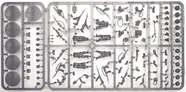 A sprue featuring multi-part figures of British and Canadian winter infantry, showcasing six distinct soldier poses, all equipped with various winter gear. The sprue includes an assortment of weapons such as rifles, machine guns, SMGs, and specialist items like sniper rifles, mortars, and flamethrowers, along with engineering tools like shovels and mine sweepers. The figures are intricately detailed, emphasizing their readiness for winter conditions.