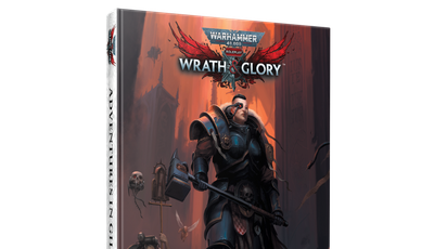 A physical book titled "Adventures in Gilead" for Warhammer 40,000 Roleplay: Wrath & Glory is prominently displayed, featuring a striking cover illustration. The cover depicts a heavily armored character wielding a large hammer, standing in a dark, ominous environment filled with shadowy figures and gothic architecture. The title and logo are clearly visible at the top, with the subtitle "Adventures in Gilead" featured prominently at the bottom.