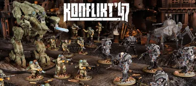 A dynamic scene from Konflikt '47 features a variety of detailed miniatures set in a war-torn environment. In the foreground, U.S. Airborne soldiers in green uniforms wield weapons, while Axis soldiers in heavy armor and distinctive designs stand ready for battle. The backdrop includes ruined structures and scattered debris, enhancing the atmosphere of this alternate history conflict. The title "KONFLIKT '47" is prominently displayed at the top.