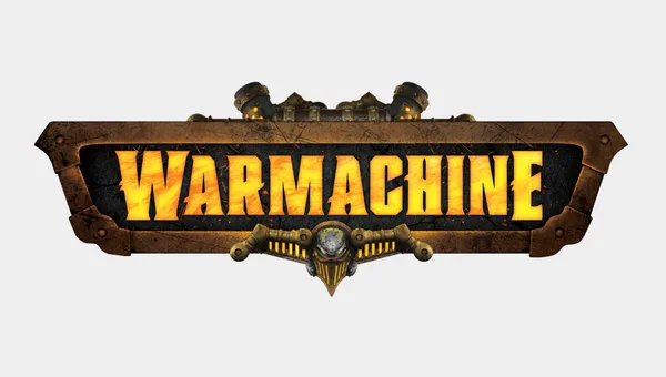 The image features the logo for "Warmachine," prominently displayed with bold, fiery orange letters against a textured black and gold background. Above the text, there are mechanical elements, including pipes and gears, adding to the industrial theme of the Iron Kingdoms. The overall design conveys a sense of power and excitement, fitting for a tabletop gaming experience.