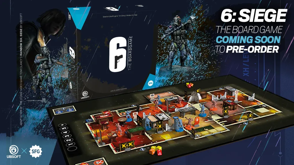 The image features the box art for the board game "6: Siege," based on Tom Clancy's Rainbow Six video game. The box displays a prominent white number "6" alongside a stylized gun graphic, with a character in tactical gear depicted in action on the right side. Below, a detailed game board is shown, featuring various colored miniatures representing players and obstacles, set against a vibrant, multi-colored background that suggests a tactical environment. The board includes marked areas and dice, emphasizing the strategic gameplay elements.
