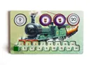 Green steam locomotive with yellow passenger cars, facing left. Three circular tokens above: two with "OIL" labels and one with "20". Calendar grid below with numbered slots from 3 to 16.