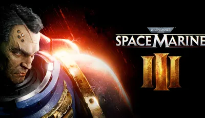 A close-up of a stern-looking Space Marine character, showcasing intricate details on his armor and facial features. The character has a rugged appearance with a prominent brow and several mechanical implants on his head, set against a dark, fiery background that enhances the dramatic effect. The image emphasizes the character's intense expression and the metallic textures of his blue and gold armor.