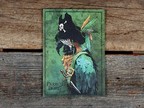 Illustrated parrot wearing a pirate hat with a skull and crossbones, holding a cutlass. Background shows a green map with faint island outlines. Text reads "Parrot Borg" and "A Scenarized Poa."