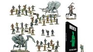 A collection of miniatures from Warlord Games' Konflikt ’47 is displayed, featuring various figures including soldiers, zombies, and mechanical creatures. Prominently featured is the book titled "Konflikt ’47: Festung Europa," which showcases a green silhouette on its cover. Among the miniatures, a notable figure in powered armor and a mechanical creature stand out, highlighting the game's unique blend of historical and fantastical elements.