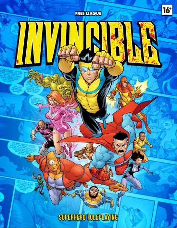 Superheroes in action with "INVINCIBLE" in bold yellow letters above.