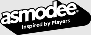 The image features the Asmodee logo, prominently displayed in bold, modern typography. The word "Asmodee" is in large, white letters against a black background, with the tagline "Inspired by Players" in smaller white text below. The overall design conveys a sleek and professional aesthetic, reflecting the brand's focus on tabletop gaming.