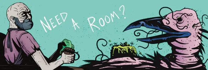 "Room?" with green background, a creature, and a yellow-green blob with antennae