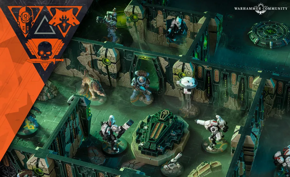 A detailed tabletop scene showcases a Kill Team game setup featuring miniatures from the Space Wolves and Tau factions. In the foreground, a Space Wolf in blue armor stands beside a green, ornate tomb-like structure, while two Tau in XV26 battlesuits are positioned nearby, ready for action. The backdrop includes intricately designed walls with glowing green accents and a hovering drone, creating a sci-fi atmosphere within a Tomb World killzone.