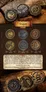Three 28 mm metal coins with nautical engravings: ship in stormy waves, pearl in shell, and lighthouse with compass rose. Parchment background with text: "The sea gives and the sea takes away... Suitable for games like: Merchants & Marauders, Libertalia, Port Royal, Dungeons & Dragons."