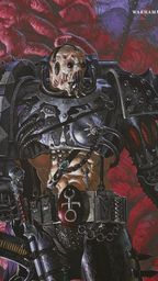 A heavily armored figure representing the Emperor's Children stands prominently, showcasing intricate details such as spikes, chains, and a skull-like face. The armor is predominantly black with metallic accents, and the character holds a weapon adorned with various symbols. The background features a surreal, purple and red organic texture, enhancing the chaotic and hedonistic theme of the design.