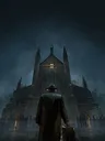 A figure in a dark coat and hat stands with their back to the viewer, facing a large, gothic-style church illuminated by a single light in the upper window. The scene is set in a rainy atmosphere, with droplets visible in the air, and the church is surrounded by a wrought-iron fence, adding to the ominous ambiance. The overall color palette is dark and moody, enhancing the sense of mystery and foreboding.