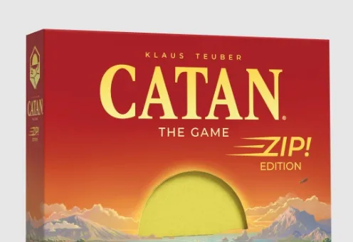 The box for "Catan Zip!" features a vibrant sunset over a pastoral landscape, with rolling hills, fields, and distant mountains. The title "Catan" is prominently displayed at the top in bold yellow letters, with "ZIP! EDITION" beneath it. In the foreground, two characters are depicted, one holding a staff, suggesting a sense of adventure and exploration.
