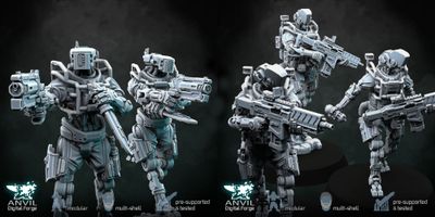 Three futuristic military robots are displayed in a dynamic arrangement, each featuring a slim, minimal steel frame with articulated joints. The robots are equipped with heavy assault rifles and one is holding a drone, showcasing a variety of poses and head designs. The models have a modernist aesthetic, suitable for settings in modern warfare, post-apocalyptic, cyberpunk, or sci-fi games, with a dark background enhancing their striking appearance.
