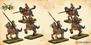A set of four skeletal knights on horseback, each adorned in ornate armor with blue accents, is depicted in various poses. The knights wield lances and wear distinctive helmets, while their horses feature skeletal heads and decorative elements. The bases are covered in green grass, enhancing the fantasy theme of the scene.
