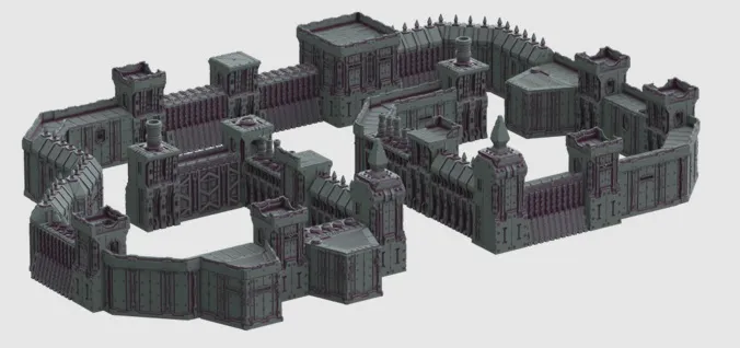 A detailed 3D model of a modular fortress designed for sci-fi tabletop gaming, featuring a complex layout of walls, towers, and bunkers. The fortress includes various architectural elements such as removable rooftops, walkways, and battle-damaged sections, all rendered in a dark color scheme. The structure is designed for customizable setups, making it suitable for strategic gameplay scenarios like sieges and defenses.
