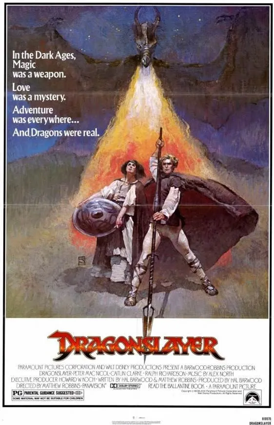 Two men in medieval clothing, one holding a shield, the other a spear, with a dragon in the background. Text: "Dragonslayer".