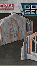 Two pieces of Gothic Sector terrain are displayed, featuring ruined structures with a weathered stone appearance. Each piece has arched windows and doors, accented with orange detailing, showcasing a mix of gray tones and visible wear. The terrain is designed for 28-35mm scale tabletop games, emphasizing its pre-painted, ready-to-use quality.