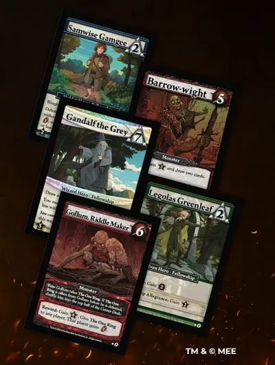 The image features several character cards from the upcoming Lord of the Rings: Ascension deckbuilding game. Prominent cards include "Samwise Gamgee," "Gandalf the Grey," "Gollum, Riddle Maker," "Legolas Greenleaf," and "Barrow-wight," each showcasing unique artwork and attributes. The background includes a stylized representation of The One Ring, with the game's title "Lord of the Rings: Ascension" displayed prominently at the top.
