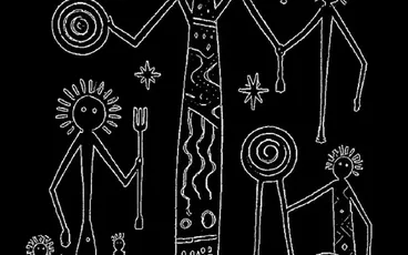 White line drawing of stick figures, stars, and shields. Text: "An Old-School Horror Adventure by Stadtjaeger"