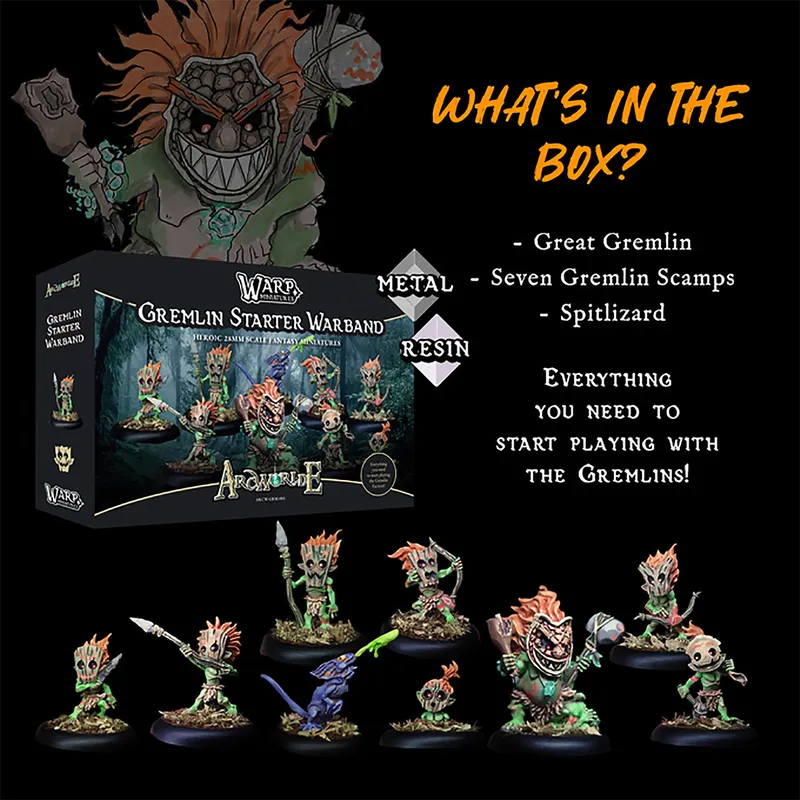 A box labeled "Gremlin Starter Warband" from Warp Miniatures is prominently displayed, featuring artwork of various Gremlins in a forest setting. Surrounding the box are seven distinct miniatures, including a Great Gremlin, seven Gremlin Scamps, and a Spit Lizard, all intricately detailed and painted. The text highlights that the miniatures are made of metal and resin, and emphasizes that this set includes everything needed to start playing with the Gremlins.