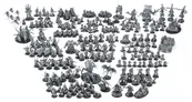 Collection of miniature figurines arranged on a flat surface. The figurines depict various sci-fi characters and vehicles, primarily in monochrome gray. The characters include humanoid figures holding weapons such as guns and melee weapons, some wearing armor and others with more organic, alien appearances. Several larger, multi-legged mechanical constructs resembling walkers or robots are interspersed among the smaller figures. In the center, a large, dragon-like creature with wings and multiple limbs stands prominently. Surrounding it are smaller humanoid figures, some mounted on mechanical bikes or operating larger weaponry. No readable text is visible on the figurines or in the image.