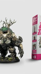 A detailed miniature of a large, menacing creature resembling a twisted tree stands prominently on the left, showcasing intricate textures and features like gnarled branches and a mossy base. To the right, the box for "Epic Encounters: Forest of the Damned" is displayed, featuring vibrant artwork and images of additional miniatures included in the set. The overall color scheme includes earthy tones, emphasizing the forest theme of the release.