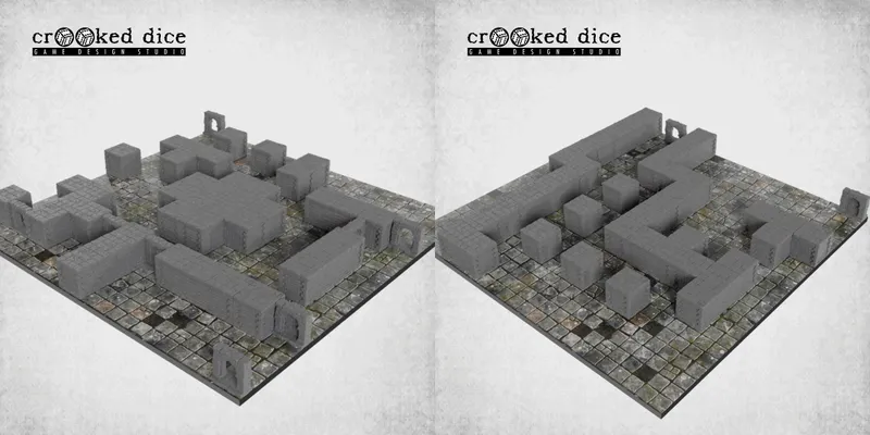A collection of modular dungeon blocks in various shapes and sizes, all in a gray color, is displayed on a textured flagstone game mat. The blocks are arranged to form walls, rooms, and corridors, showcasing their versatility for tabletop gaming. The scene includes a mix of solid blocks and archways, set against a backdrop of detailed stone flooring.