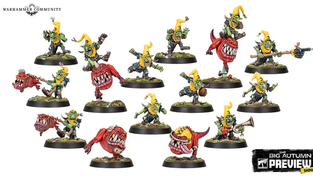 Nine painted Night Goblin and Squig miniatures on bases, with "THE BIG AUTUMN PREVIEW" text.