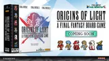 Box cover for Origins of Light: A Final Fantasy Board Game showing a stylized sword and shield on a purple/blue background. Title reads "Origins of Light" with subtitle "A Final Fantasy Board Game." Below, pixel-art characters from Final Fantasy stand in a row. Text: "COMING SOON" on a green button.
