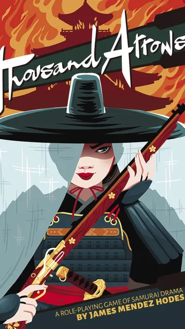 Woman in samurai armor and large hat holding a rifle, text "Thousand Arrows" above.