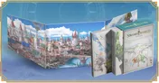 Illustrated book cover showing a fantasy city with stone buildings, towers, and a bridge over a river. A hot-air balloon floats above the city. Visible text on spine reads "Sword World."