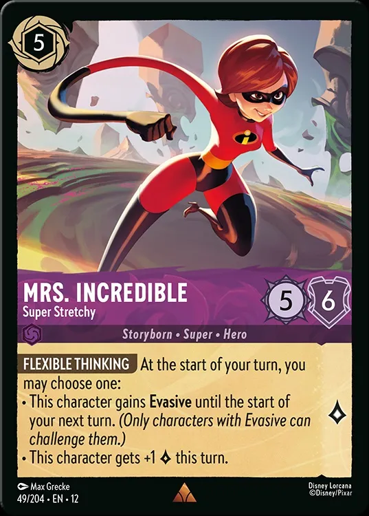 A trading card features Mrs. Incredible, depicted in a dynamic pose with her arm extended, showcasing her super stretchy abilities. She is wearing her iconic red and black superhero costume, with a determined expression on her face, set against a colorful, abstract background that suggests movement and adventure. The card includes text detailing her abilities, with a focus on "Flexible Thinking," and displays her stats of 5 cost and 6 strength.