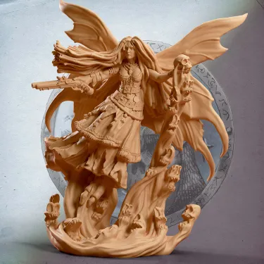 A faerie pirate figure with large, flowing wings and long hair, wielding a pistol in one hand and a staff adorned with skulls in the other. She wears a detailed outfit featuring a long skirt and various accessories, standing amidst swirling, ghostly tendrils. The background includes a circular design with intricate patterns, enhancing the mystical theme of the character.