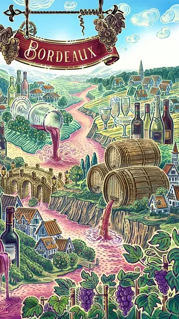 A vibrant, illustrated scene of the Bordeaux wine region. Rolling green vineyards stretch across the landscape, dotted with small houses and a stone aqueduct. A winding river flows through the center, with red wine pouring from bottles and barrels into the water. Multiple wine bottles, glasses, and wooden barrels are scattered throughout the scene. In the background, a village with houses and a church sits among the hills. A decorative banner at the top reads "Bordeaux," flanked by grape clusters.