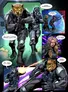 Two armored soldiers in futuristic gear stand side by side, one with a feline helmet, aiming weapons. Speech bubbles read: "They made a terrible mistake coming here," "Spear operatives?," "Boss anywhere?," "Don’t worry, I got this," and "Damn psychic!"