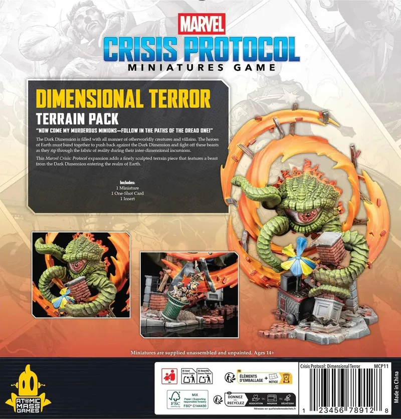 The back of a Marvel Crisis Protocol Miniatures Game box titled "Dimensional Terror Terrain Pack." The box features a large image of a green, serpentine creature with a wide mouth and sharp teeth emerging from a fiery orange portal. The creature is surrounded by debris, including a trash can and a brick structure. The text on the box reads: "Marvel Crisis Protocol Miniatures Game, Dimensional Terror Terrain Pack, 'Now come my murderous minions—follow in the paths of the Dread One!', The Dark Dimension is filled with all manner of otherworldly creatures and villains. The heroes of Earth must band together to push back against the Dark Dimension and fight off these beasts as they rip through the fabric of reality during their inter-dimensional incursions. This Marvel Crisis Protocol expansion adds a finely sculpted terrain piece that features a beast from the Dark Dimension entering the realm of Earth. Includes: 1 Miniature, 1 One-Shot Card, 1 Insert. Miniatures are supplied unassembled and unpainted. Ages 14+." The bottom of the box includes various logos and symbols, including the Atomic Mass Games logo, recycling symbols, and a