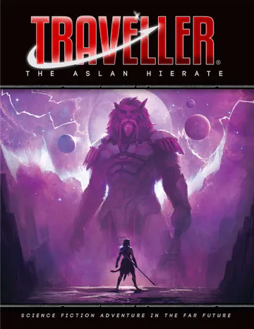 Traveller: The Aslan Hierate, large lion-like figure, small figure with sword, purple space backdrop