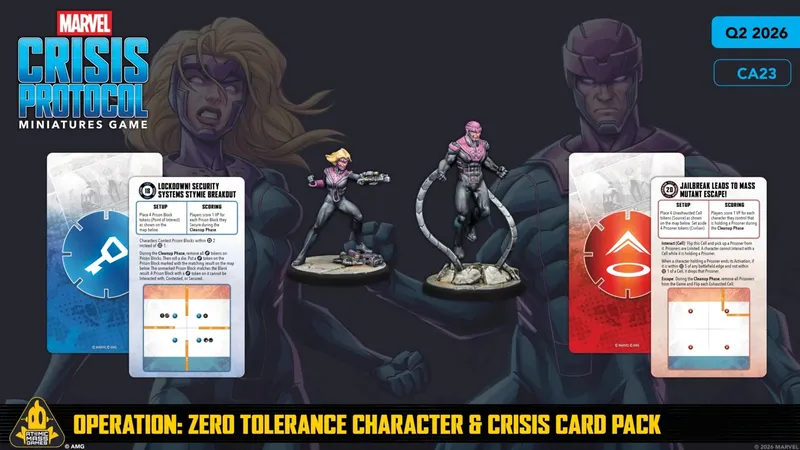 Two new miniatures from the Marvel: Crisis Protocol Miniatures Game are displayed, featuring a female character in a sleek black and pink suit with long blonde hair, and a male character in a similar color scheme, showcasing a muscular build and a confident stance. To the left, a "Lockdown! Security Systems Stymie Breakout" crisis card outlines game setup and scoring details. The background features a stylized illustration of a character with a serious expression, enhancing the dramatic theme of the image.