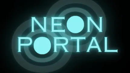The image features the text "NEON PORTAL" in a glowing, turquoise font against a dark background. The letters are stylized, with circular elements surrounding the text, creating a dynamic and modern look. The overall design conveys a sense of energy and excitement, fitting for a gaming event.