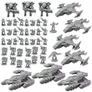 A collection of unpainted 10mm-scale miniatures from the Epic Warpath game, featuring various sci-fi figures and vehicles. The scene includes several humanoid figures in different poses, some equipped with weapons, alongside sleek spacecraft and armored vehicles. The miniatures are displayed in a gray plastic finish, showcasing intricate details and designs characteristic of the game's factions, including Enforcers and Plague units.