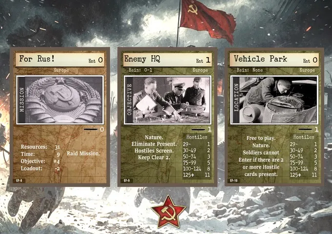 Three cards from a tabletop game. The first card, titled "Raid Mission!", has a beige background with the text "Ent 0", "Europe", "31", "9", "#4", "-2", and a grayscale emblem featuring a hammer and sickle. The second card, titled "Enemy HQ", has a green background with the text "Ent 1", "Europe", "Rein: 0-1", "OBJECTIVE", "Nature: Eliminate Present. Hostiles Screen. Keep Clear 2.", and a black-and-white photo of three men in military uniforms looking at a map. The third card, titled "Vehicle Park", has a green background with the text "Ent 1", "Europe", "Rein: None", "LOCATION", "Free to play. Nature: Soldiers cannot Enter if there are 2 or more Hostile cards present.", and a black-and-white photo of soldiers near a vehicle. In the background, there is a red flag with a hammer and sickle emblem and a red star with the same emblem.